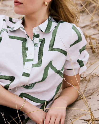 Universal Standard Luisa Short Sleeve Linen Blend Shirt - Green Paint Print