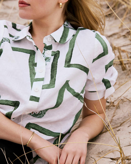 Universal Standard Luisa Short Sleeve Linen Blend Shirt - Green Paint Print