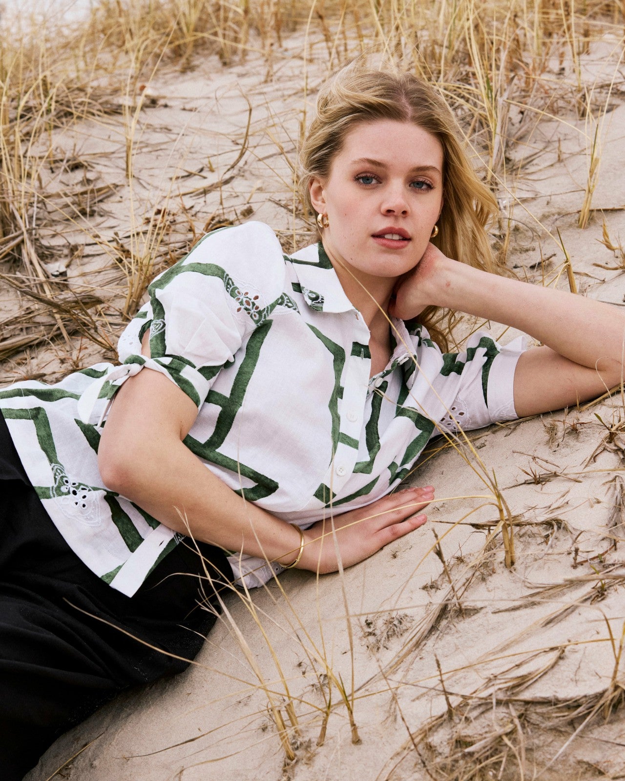 Universal Standard Luisa Short Sleeve Linen Blend Shirt - Green Paint Print