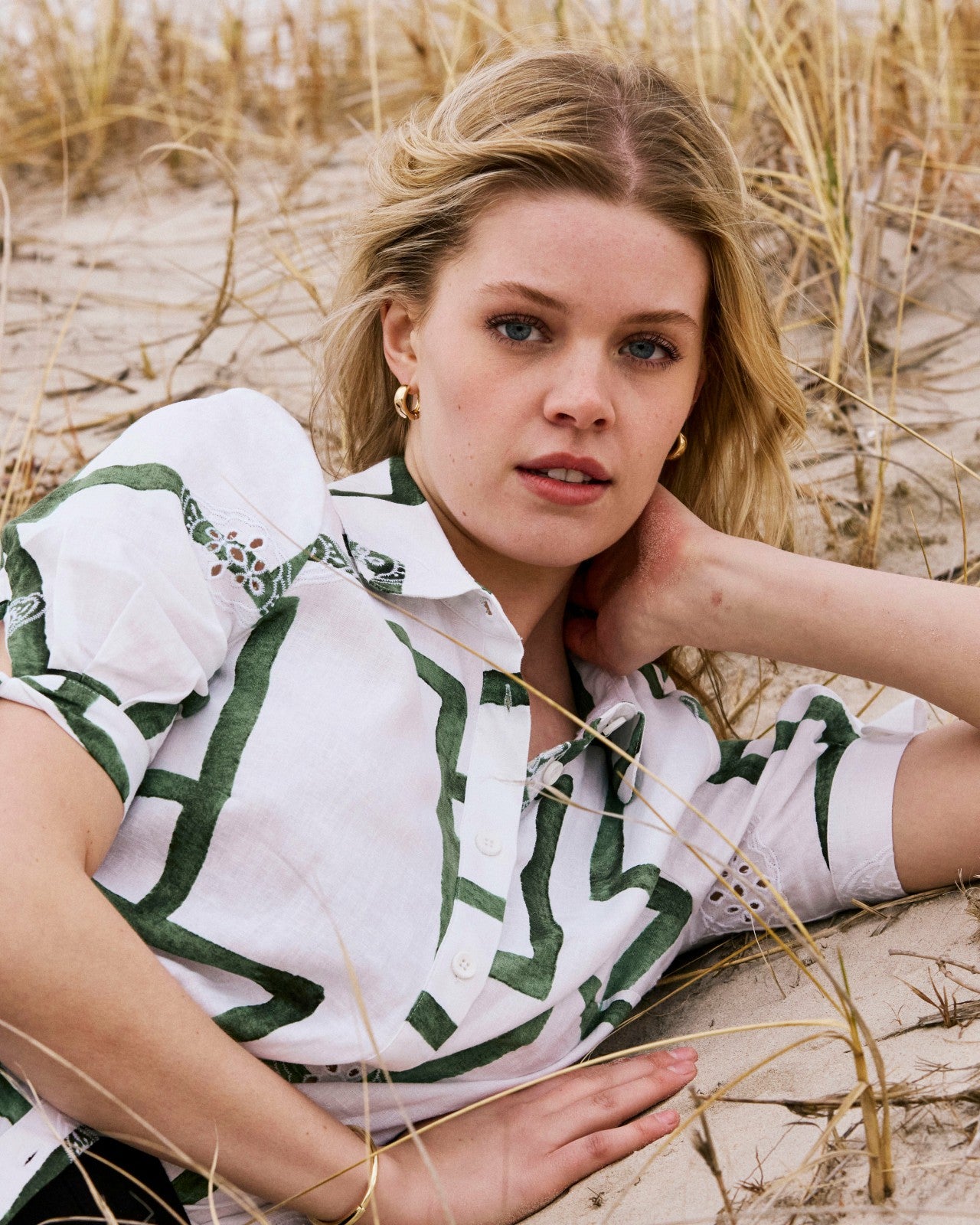 Universal Standard Luisa Short Sleeve Linen Blend Shirt - Green Paint Print