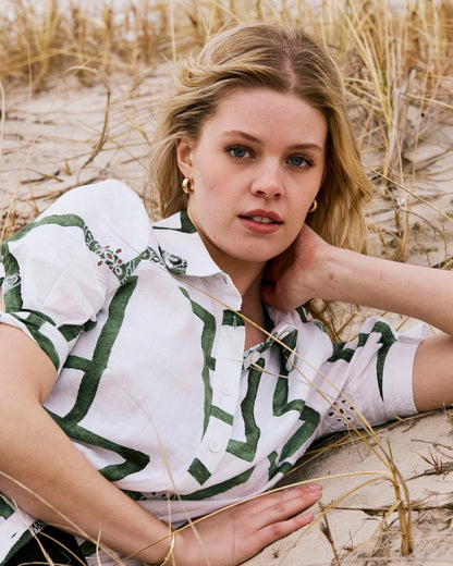 Universal Standard Luisa Short Sleeve Linen Blend Shirt - Green Paint Print