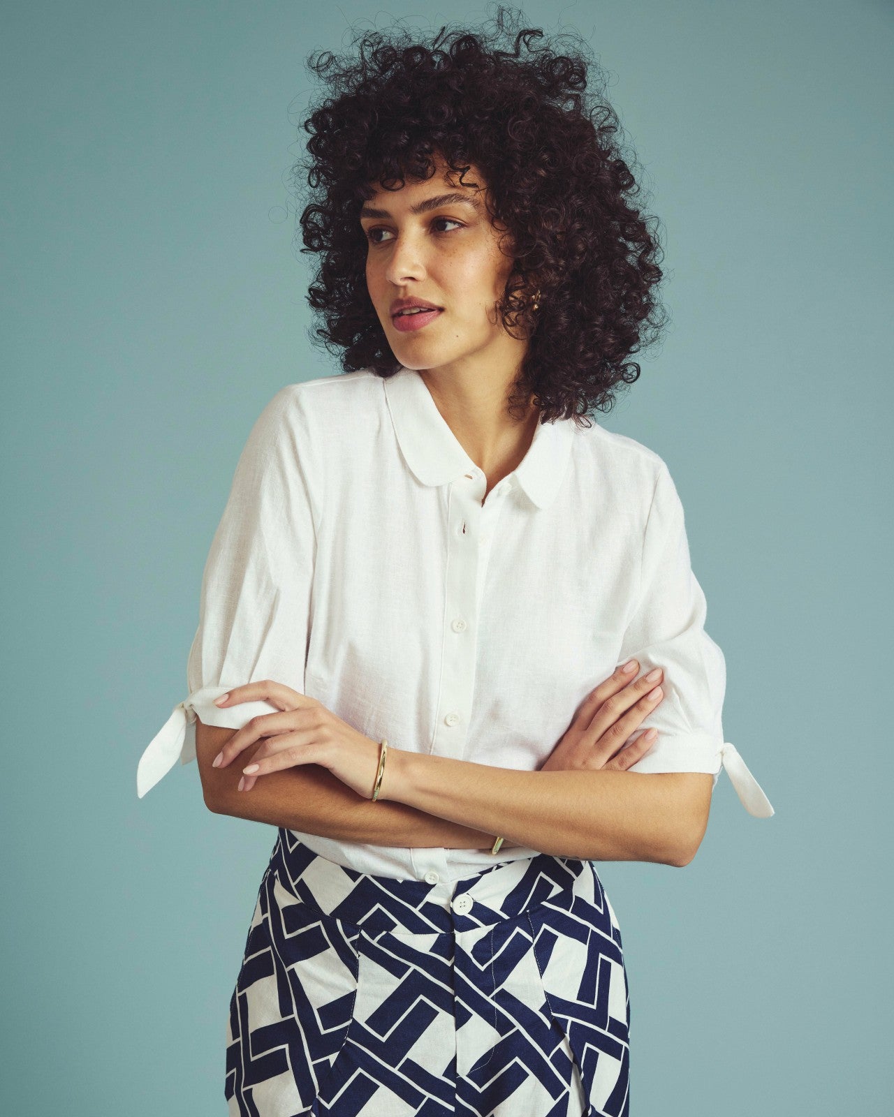 Universal Standard Luisa Short Sleeve Linen Blend Shirt - White
