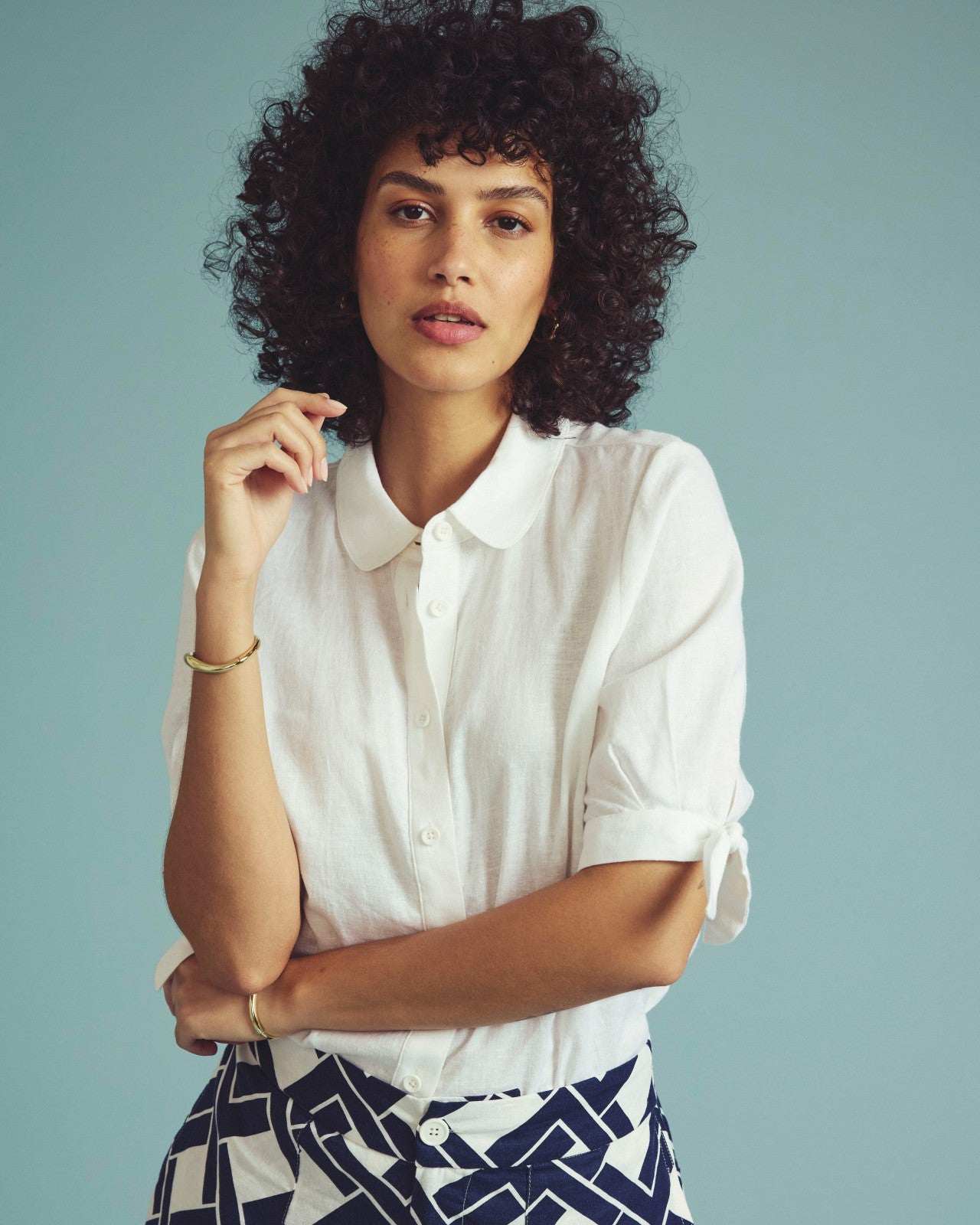 Universal Standard Luisa Short Sleeve Linen Blend Shirt - White