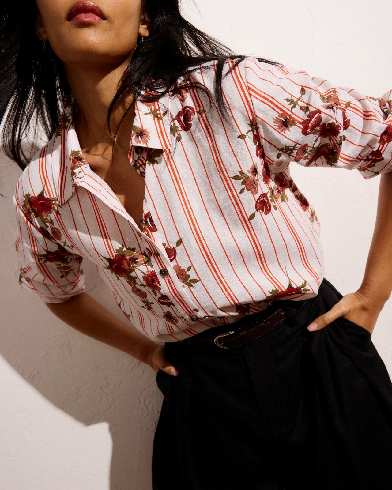 Universal Standard Dawn Linen Blend Hi Low Tunic - Wild Flower Bouquet Print on Stripes