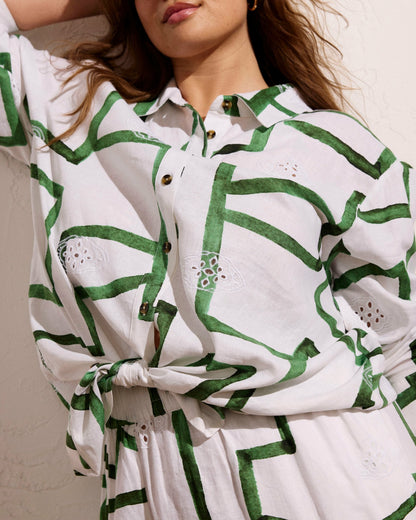 Universal Standard Dawn Linen Blend Hi Low Tunic - Green Paint Print