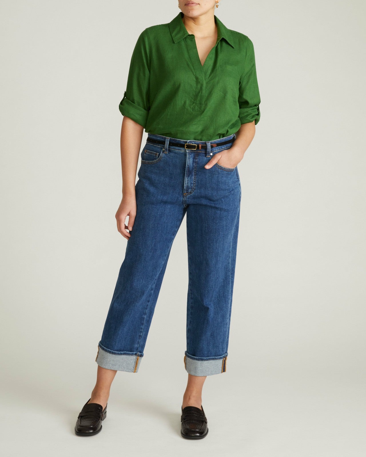 Universal Standard Button Back Linen Blend Polo Shirt - Green Park