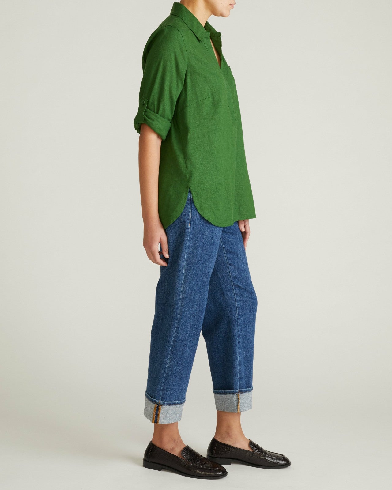 Universal Standard Button Back Linen Blend Polo Shirt - Green Park