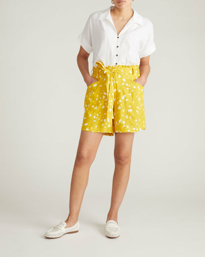 Universal Standard Harbor Stretch Linen Blend Paperbag Shorts - Yellow Confetti Print