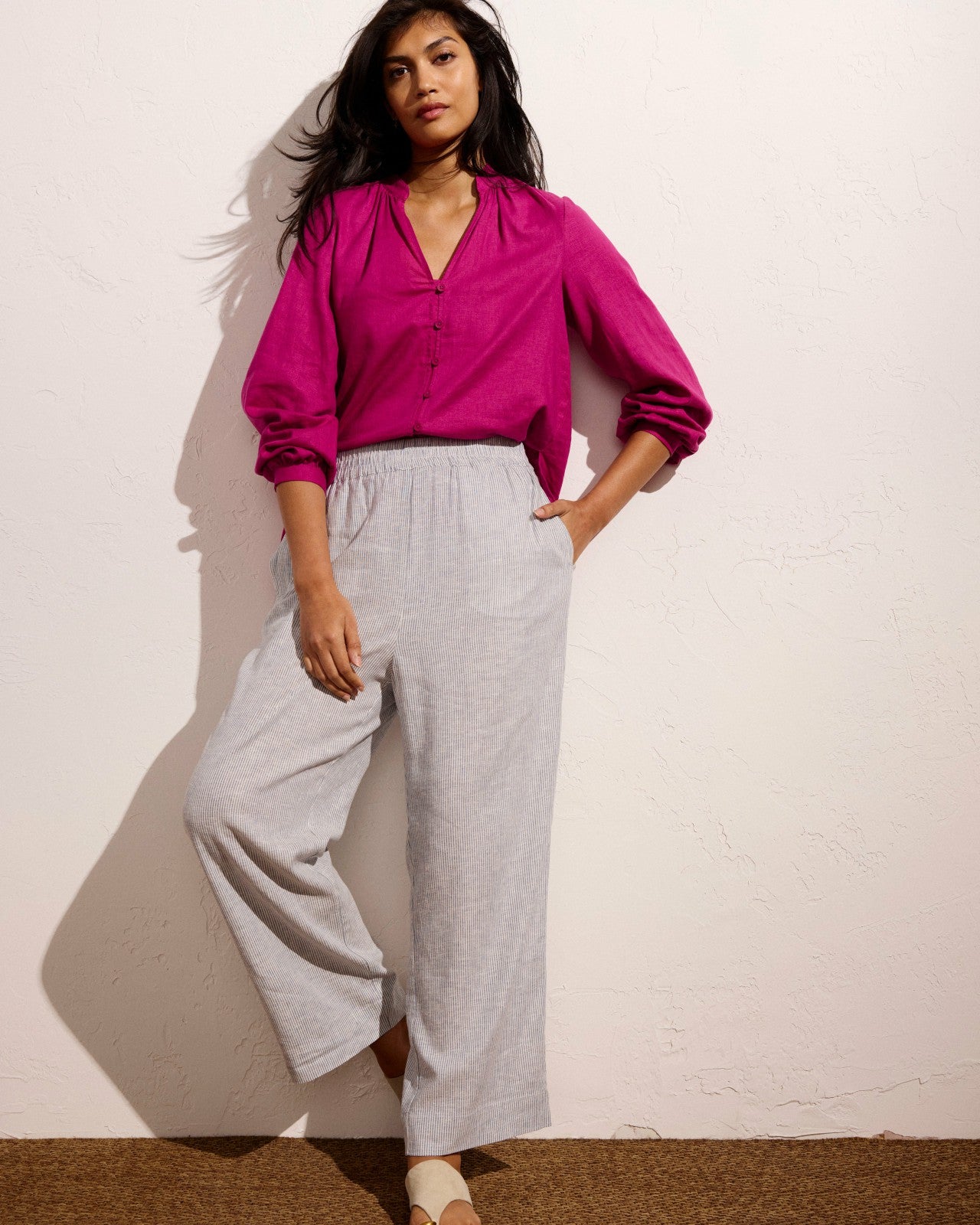 Universal Standard Iris Linen Blend Easy Pull-On Pants - Beach Stripe
