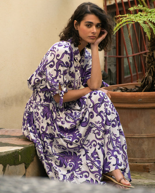 Universal Standard Tosca Linen Blend Maxi Skirt - Purple Majolica Print
