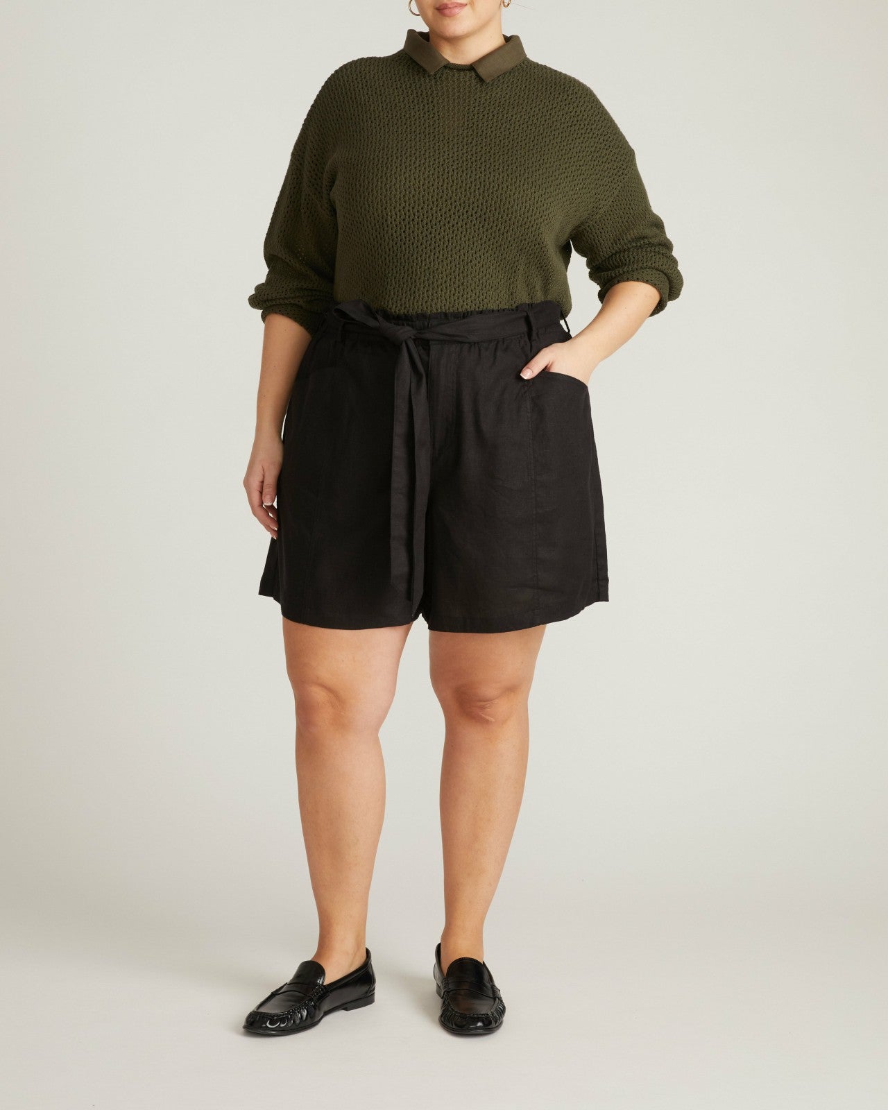 Universal Standard Harbor Stretch Linen Blend Paperbag Shorts - Black