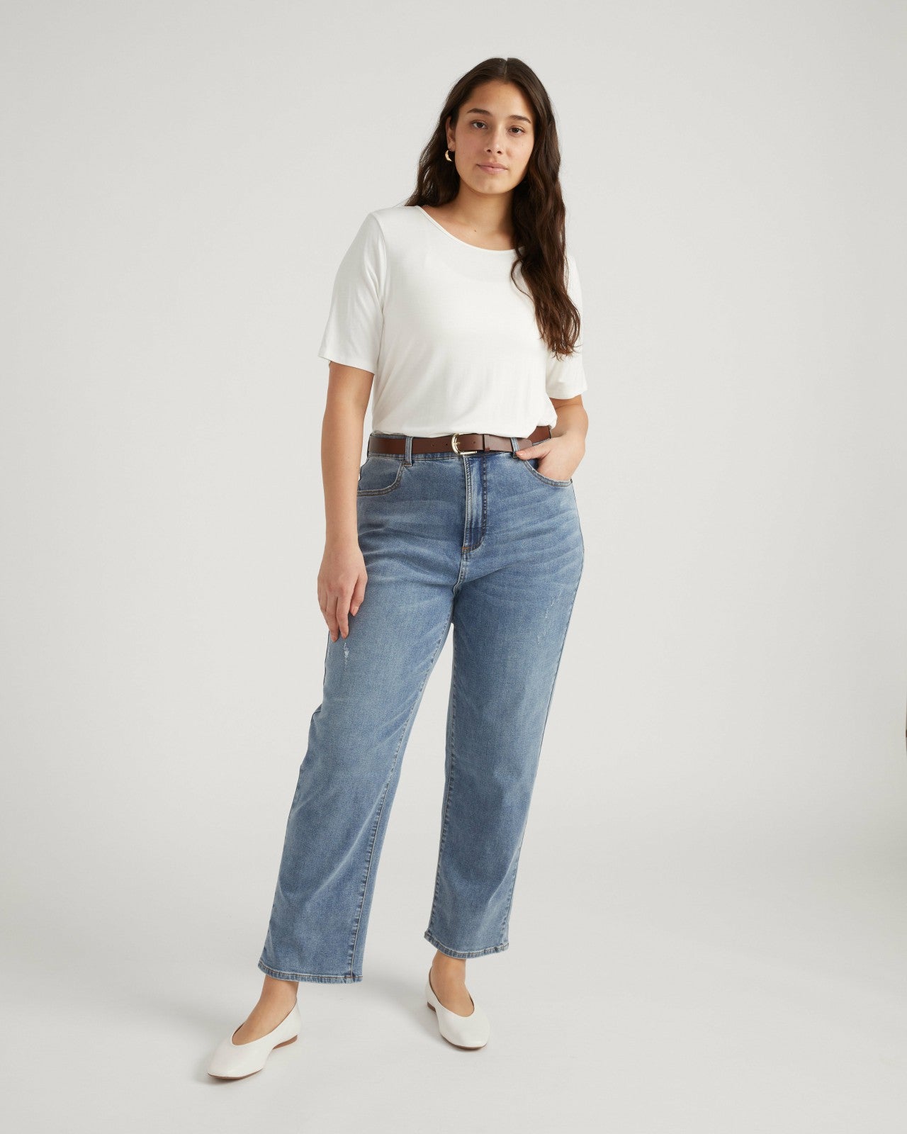 Universal Standard Ella High Rise Straight Leg Jeans - Distressed Washed Indigo