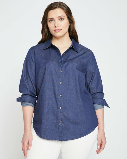 Universal Standard Minimalist Stretch Cotton Chambray Shirt - Dark Indigo