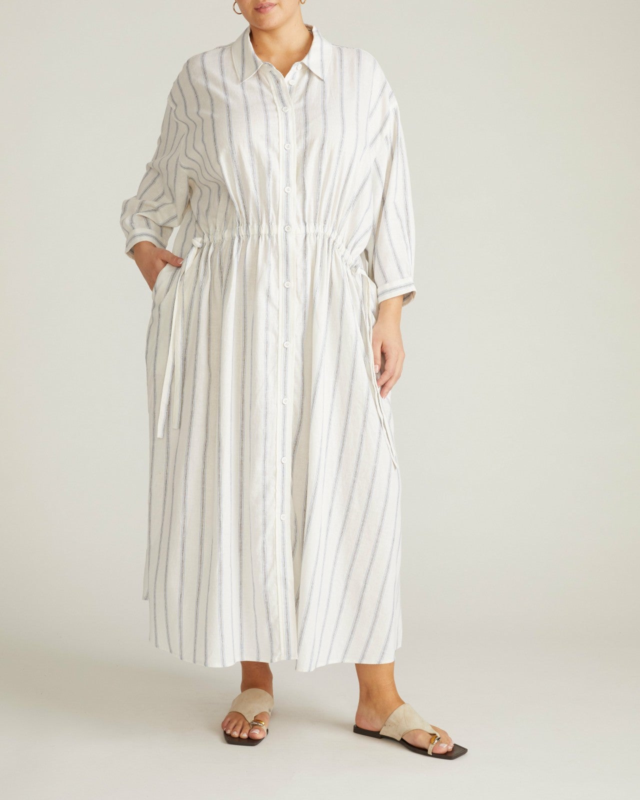 Universal Standard Paros Drawstring Linen Blend Shirtdress - Mayfair Stripe