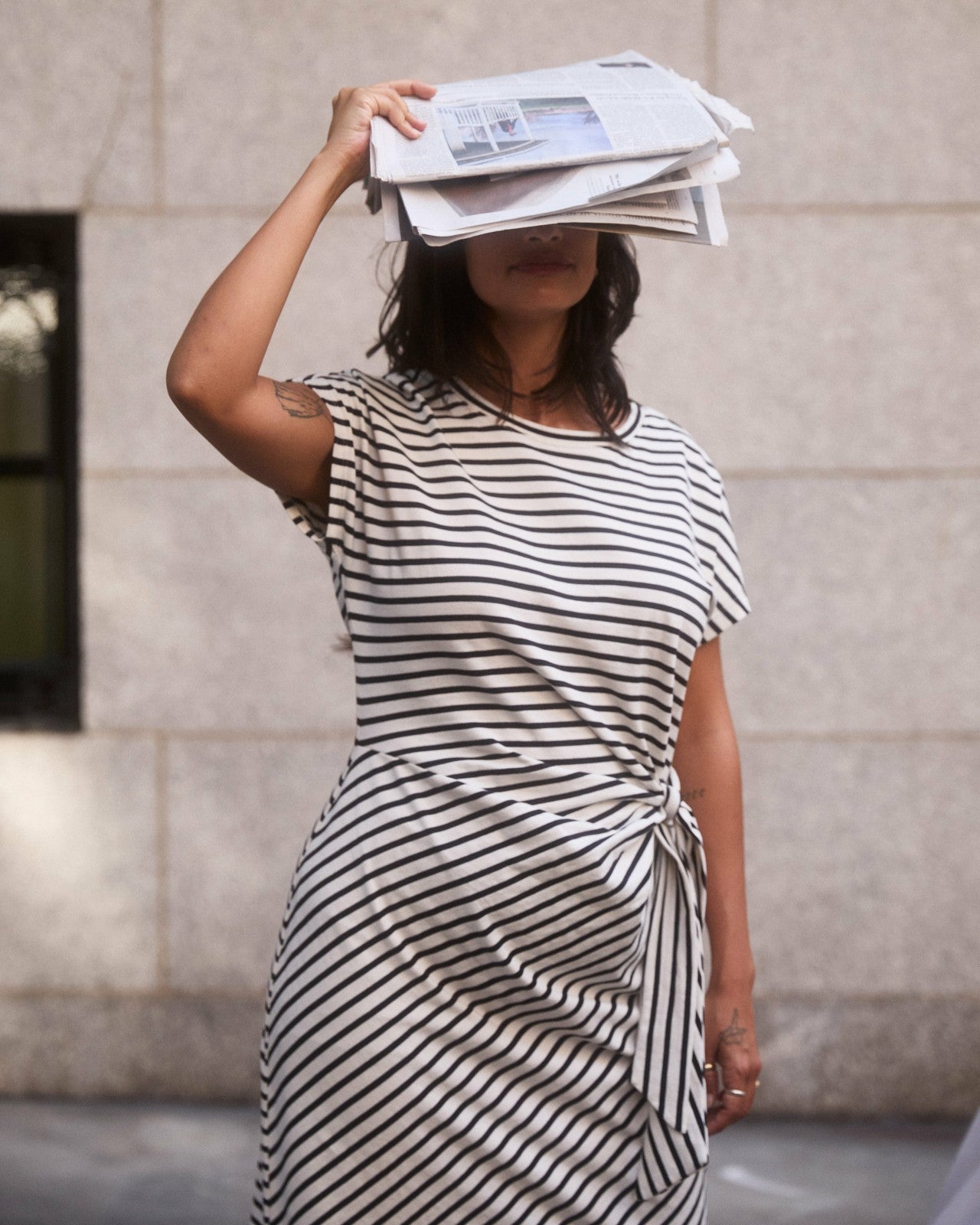 Universal Standard Crescent Breton Stripe Knot Dress - Ecru/Black Stripe