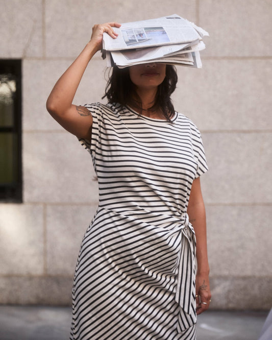 Universal Standard Crescent Breton Stripe Knot Dress - Ecru/Black Stripe