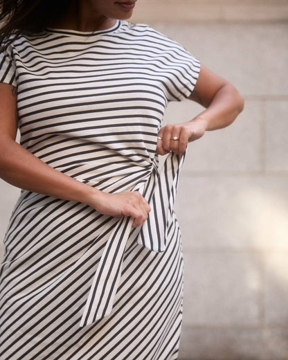 Universal Standard Crescent Breton Stripe Knot Dress - Ecru/Black Stripe