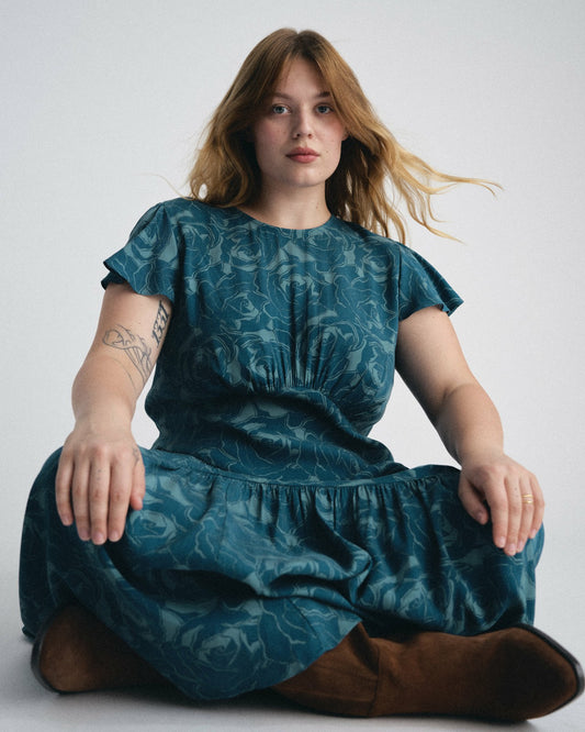 Universal Standard Mariella Stretch Cupro Dress - Rose Print in Deep Teal