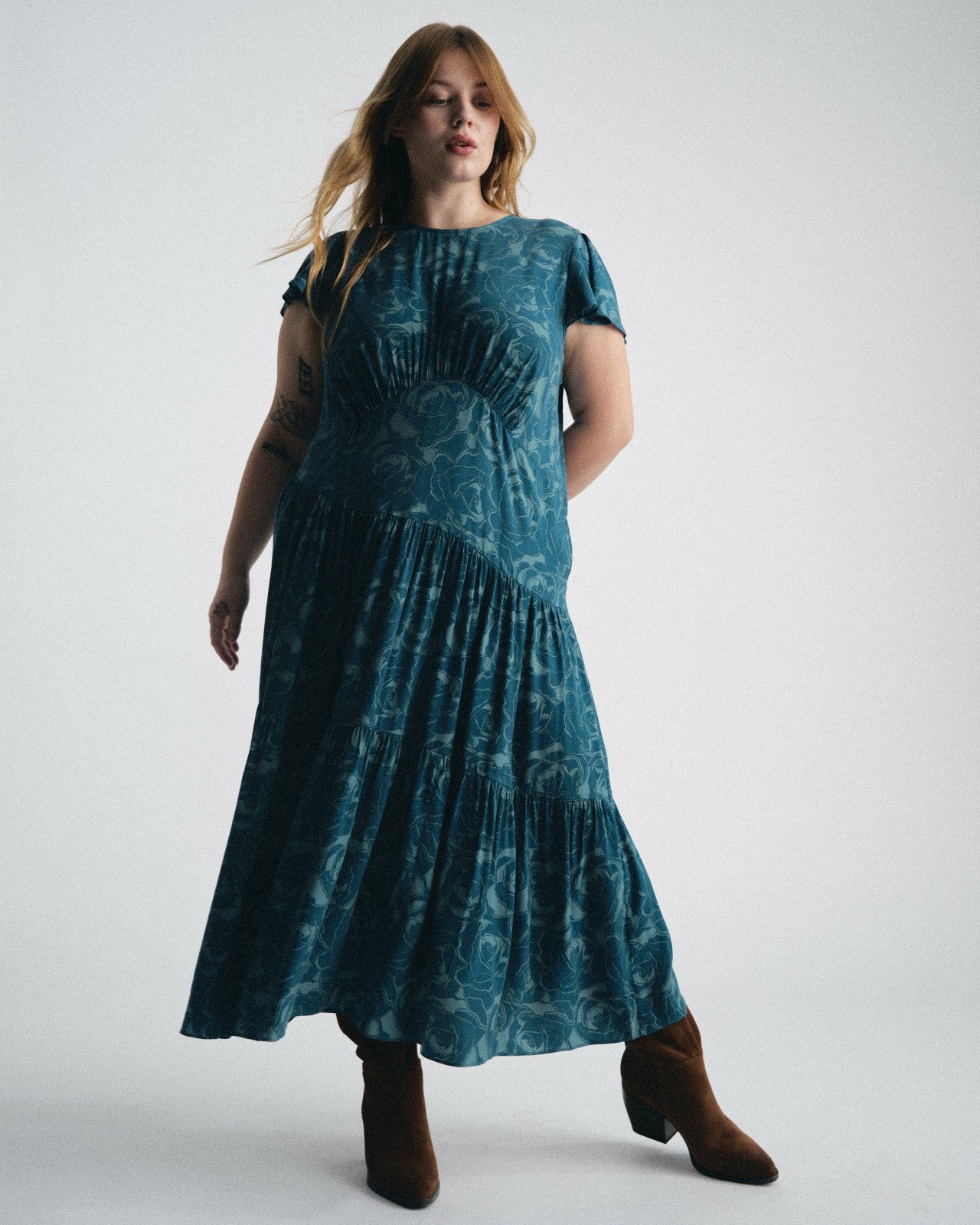 Universal Standard Mariella Stretch Cupro Dress - Rose Print in Deep Teal