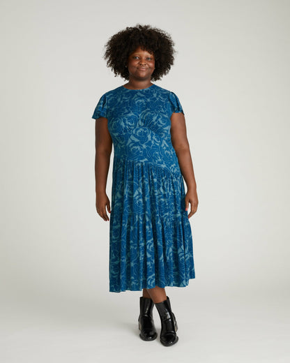 Universal Standard Mariella Stretch Cupro Dress - Rose Print in Deep Teal