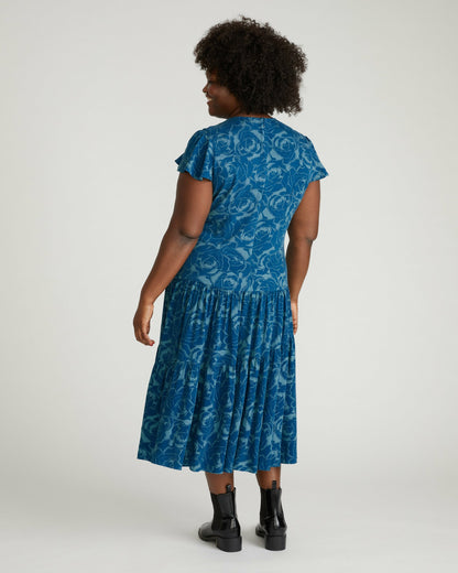 Universal Standard Mariella Stretch Cupro Dress - Rose Print in Deep Teal