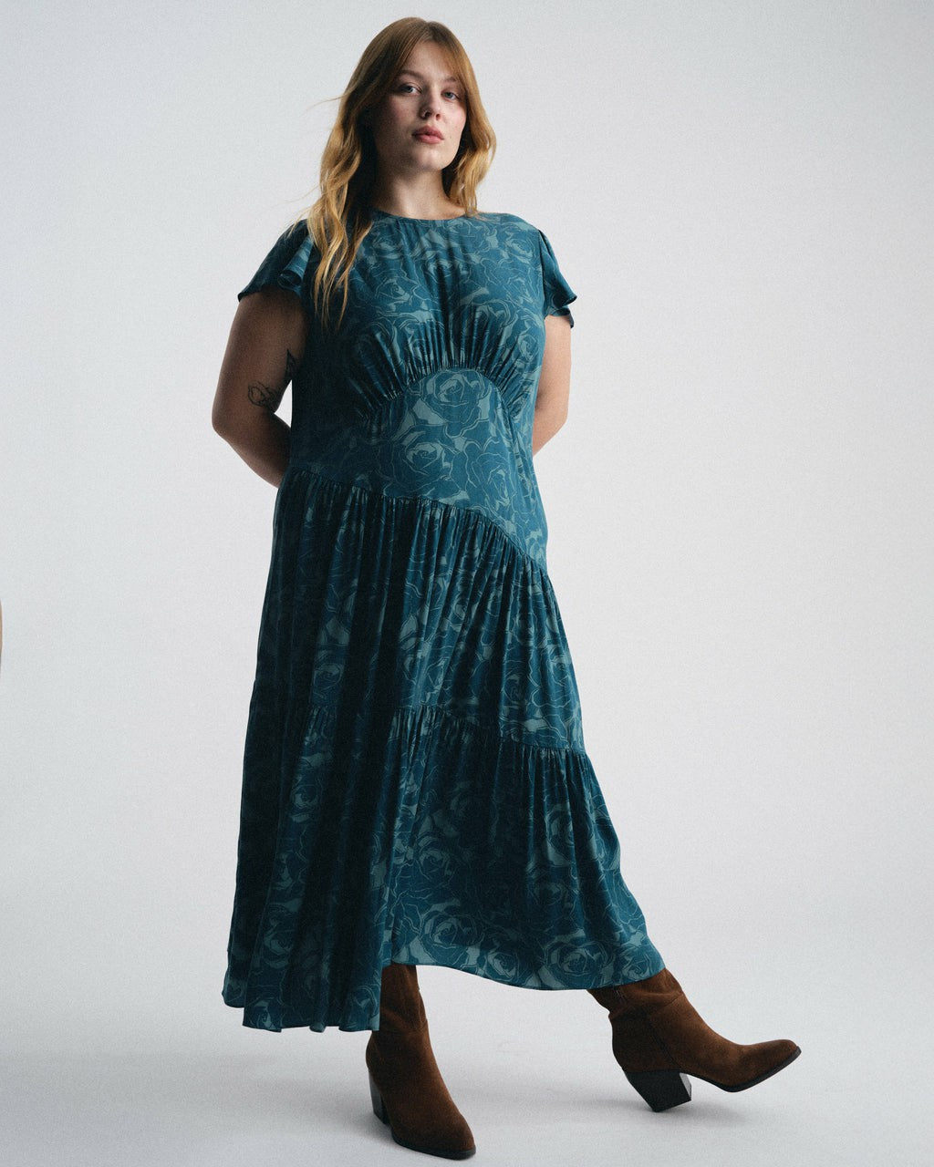 Universal Standard Mariella Stretch Cupro Dress - Rose Print in Deep Teal