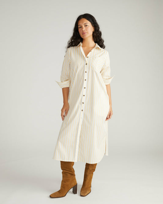 Universal Standard Odeon Stretch Poplin Shirtdress - Yellow Multi Stripe