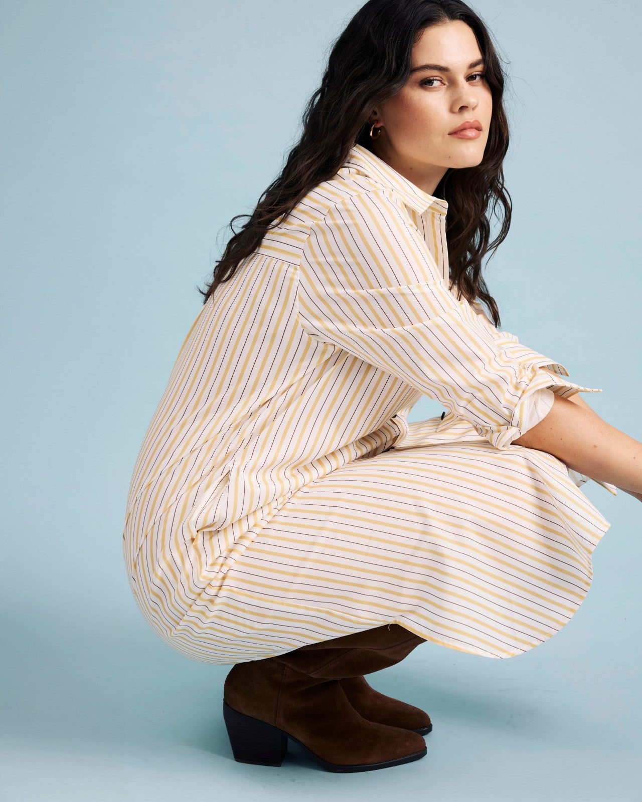 Universal Standard Odeon Stretch Poplin Shirtdress - Yellow Multi Stripe