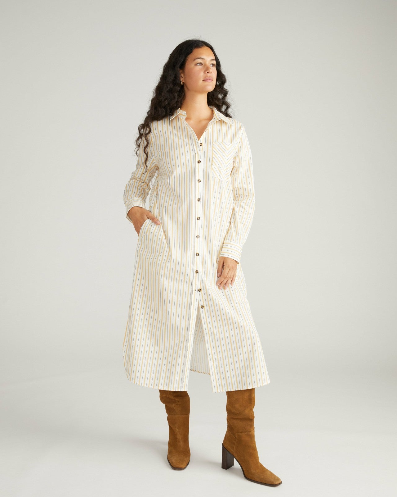 Universal Standard Odeon Stretch Poplin Shirtdress - Yellow Multi Stripe