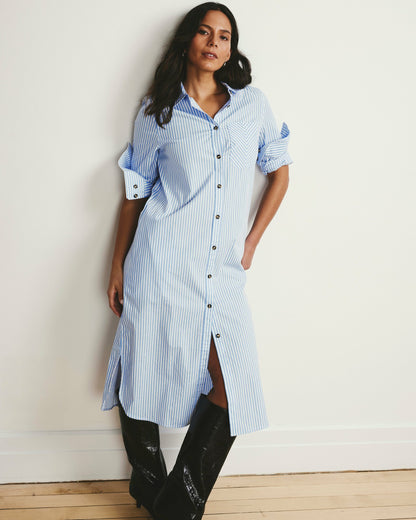 Universal Standard Odeon Stretch Poplin Shirtdress - Blue/White Stripe