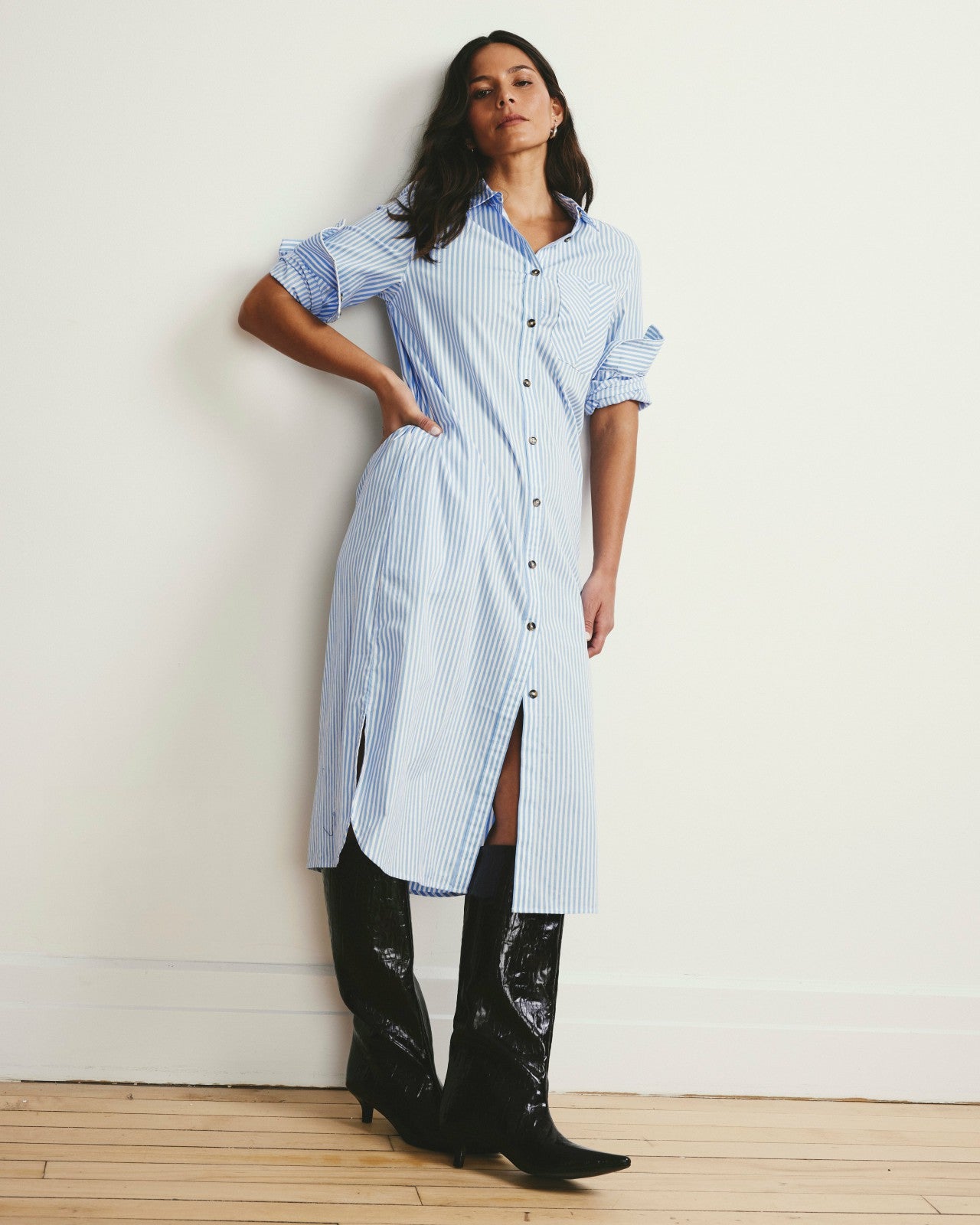 Universal Standard Odeon Stretch Poplin Shirtdress - Blue/White Stripe