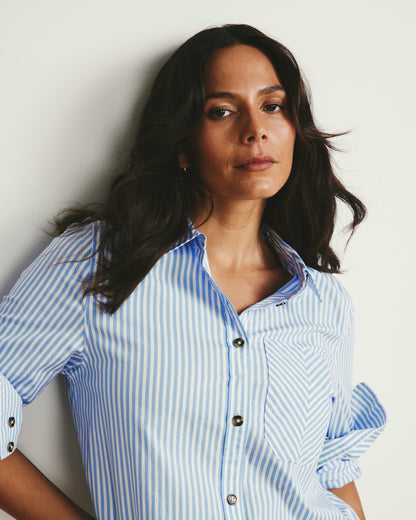 Universal Standard Odeon Stretch Poplin Shirtdress - Blue/White Stripe