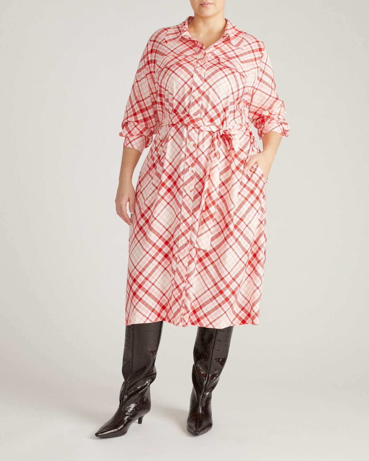 Universal Standard Cooling Stretch Cupro Savannah Dress - Red Plaid Print