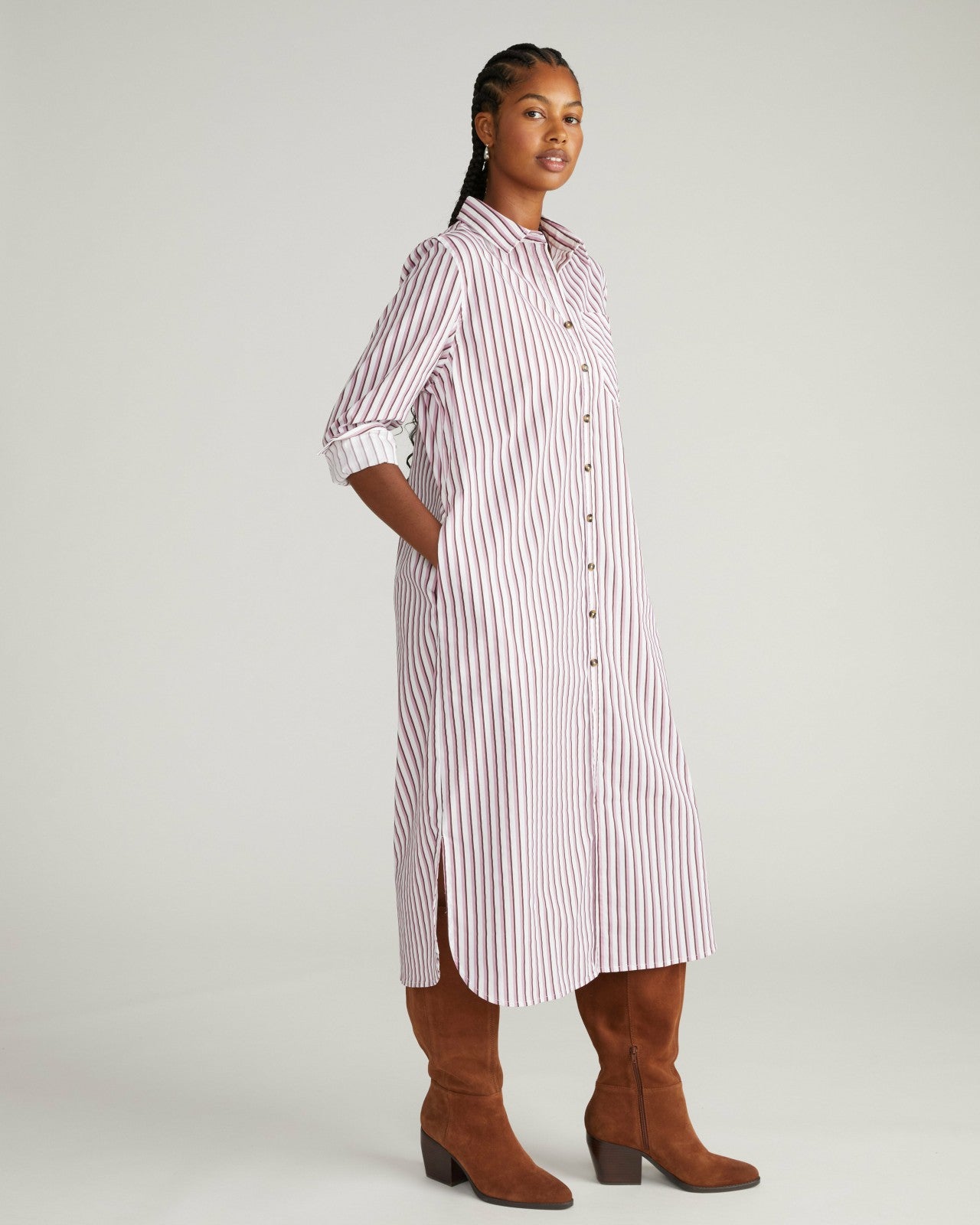 Universal Standard Odeon Stretch Poplin Shirtdress - Lilac Multi Stripe
