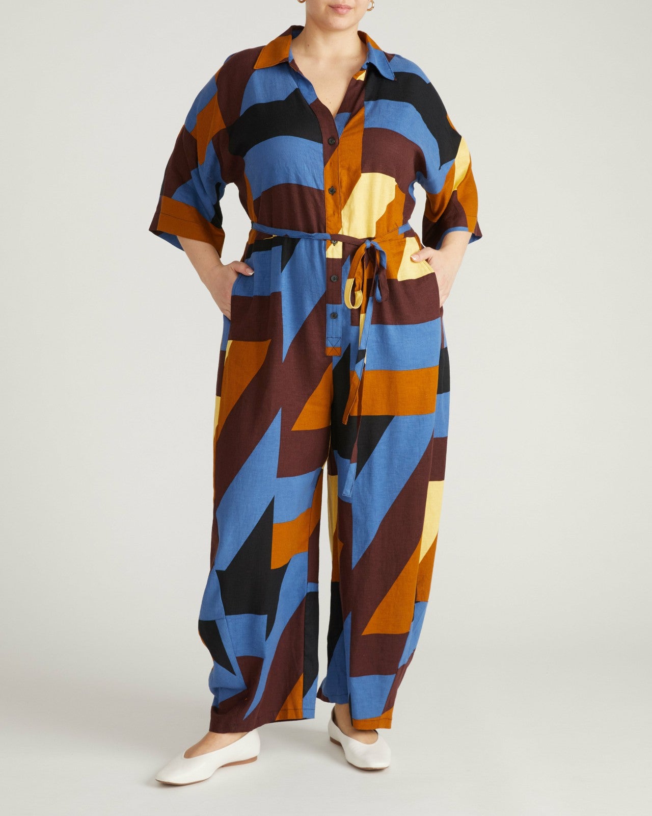 Universal Standard Maggie Barrel Leg Linen Blend Jumpsuit - Beach Ombra Print