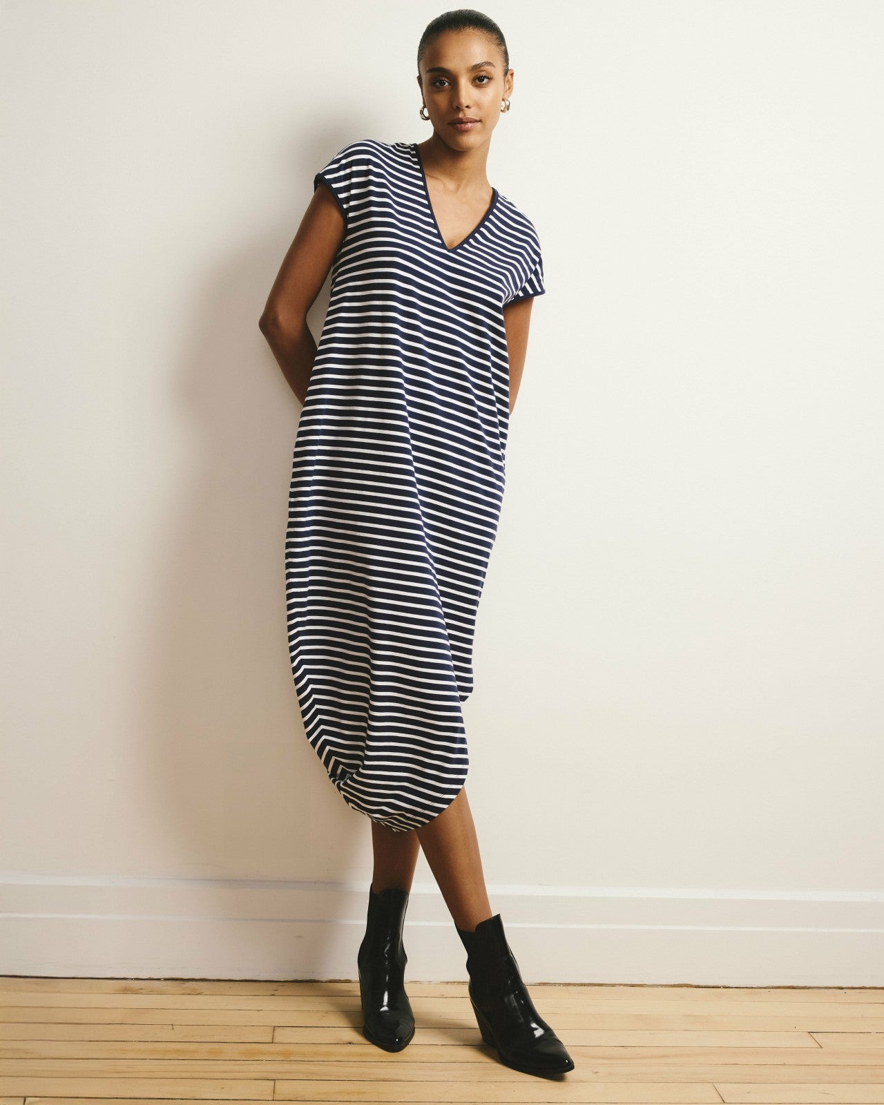 Universal Standard Iconic Geneva V-Neck Dress - Navy/White Stripe