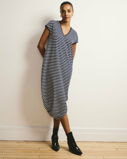 Universal Standard Iconic Geneva V-Neck Dress - Navy/White Stripe