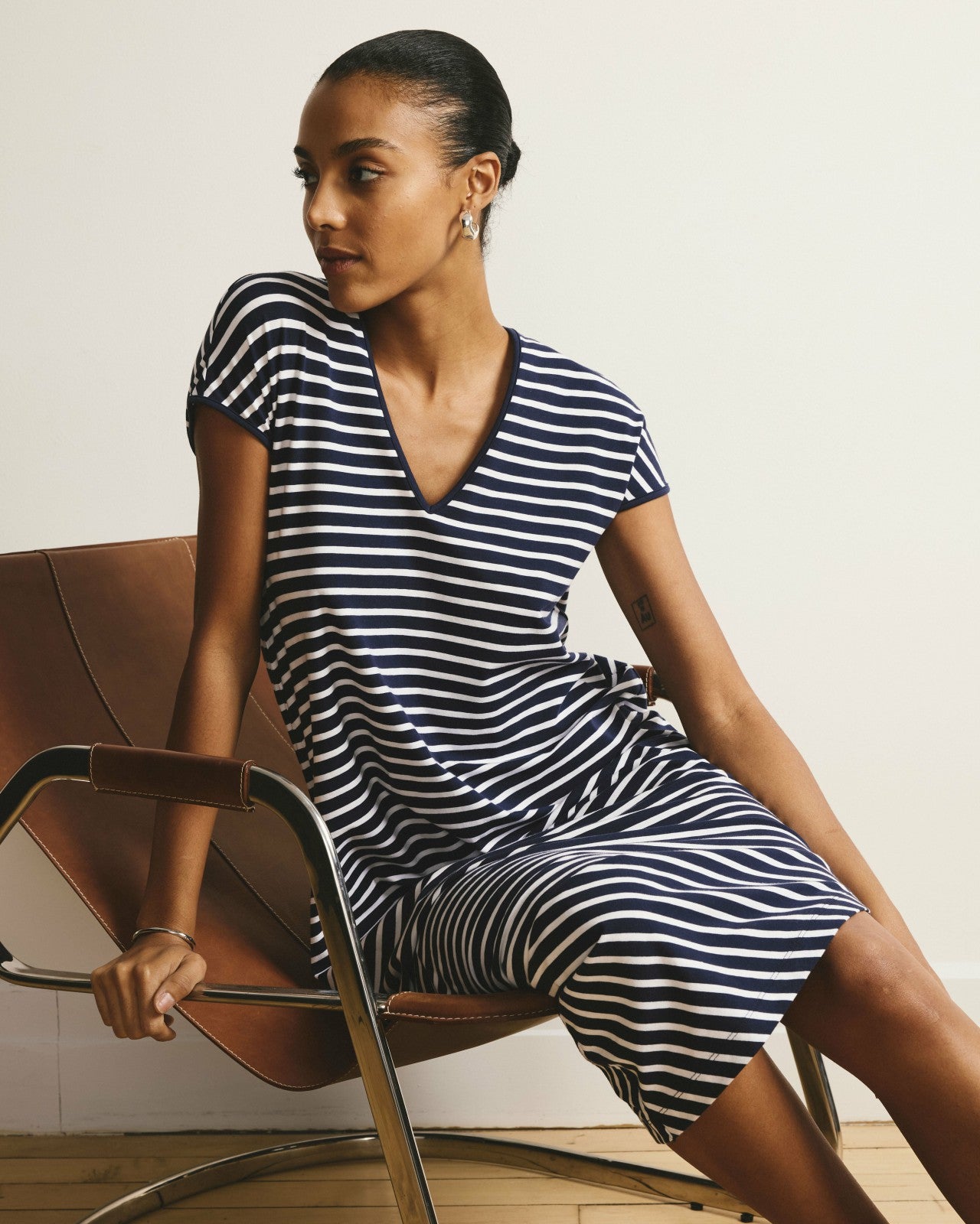 Universal Standard Iconic Geneva V-Neck Dress - Navy/White Stripe