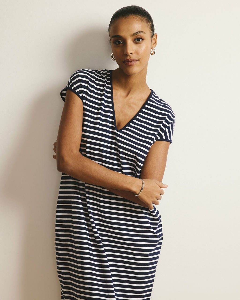 Universal Standard Iconic Geneva V-Neck Dress - Navy/White Stripe
