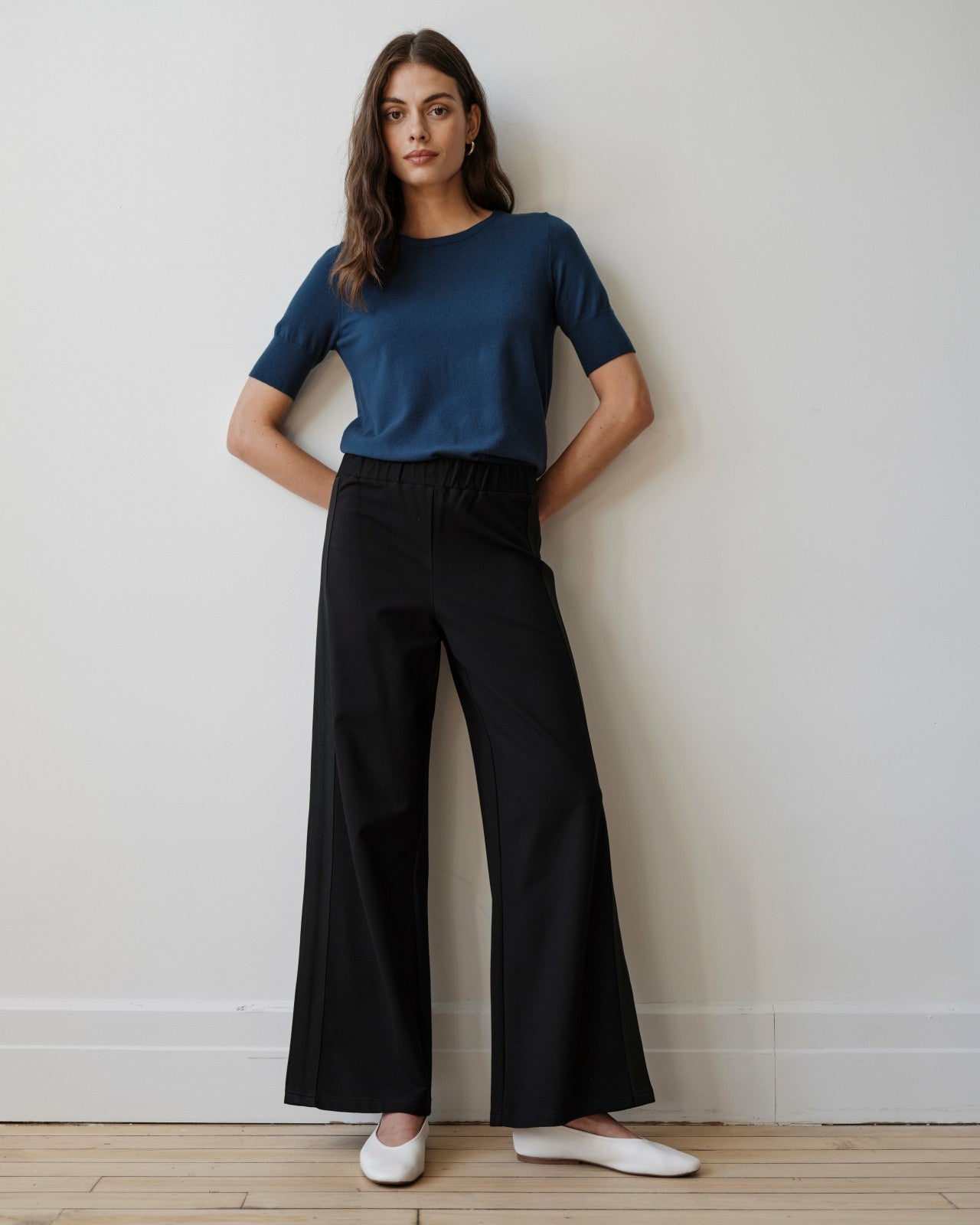 Universal Standard Stephanie Wide Leg Stripe Ponte Pants 30 Inch - Black with Black Strip