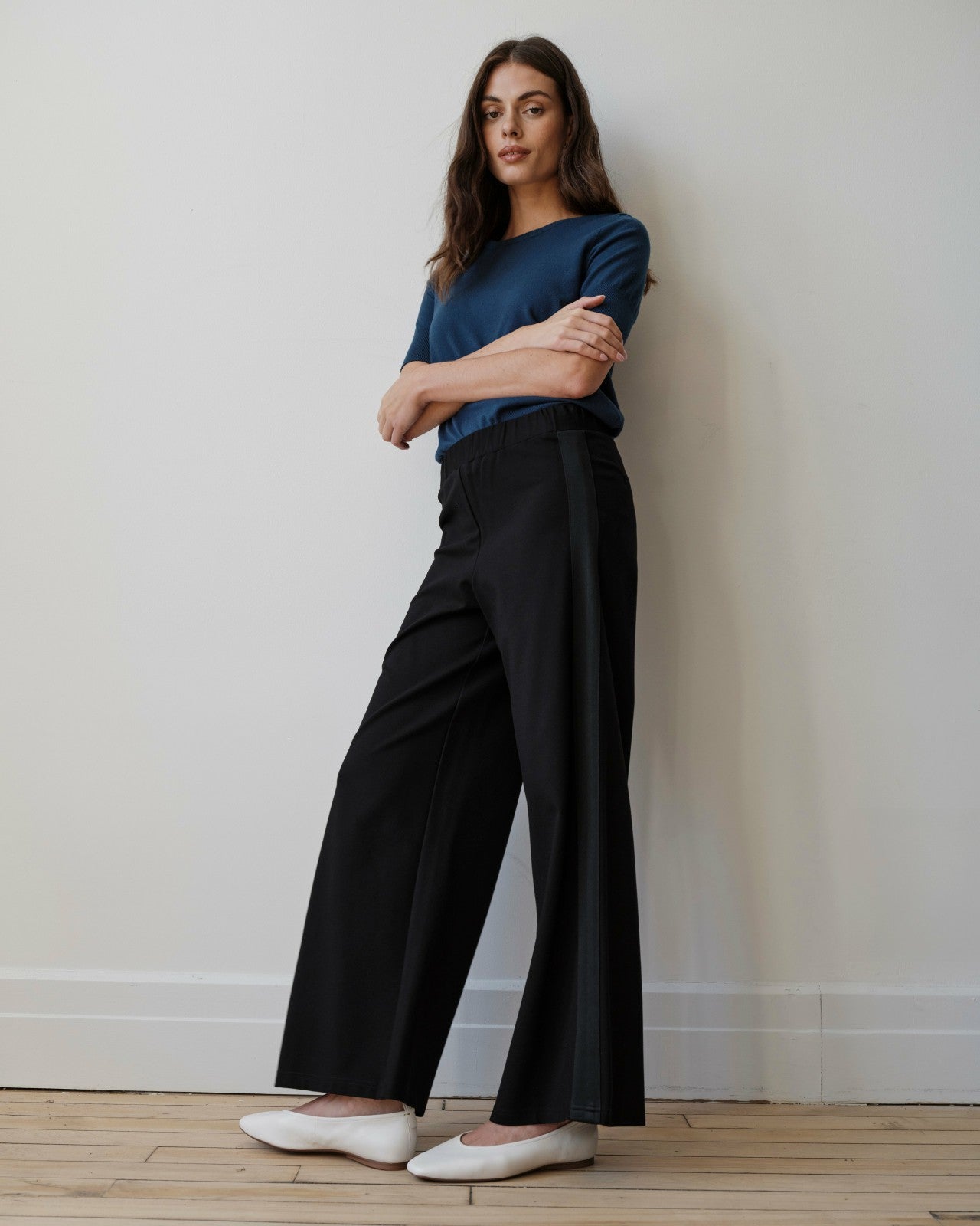 Universal Standard Stephanie Wide Leg Stripe Ponte Pants 30 Inch - Black with Black Strip