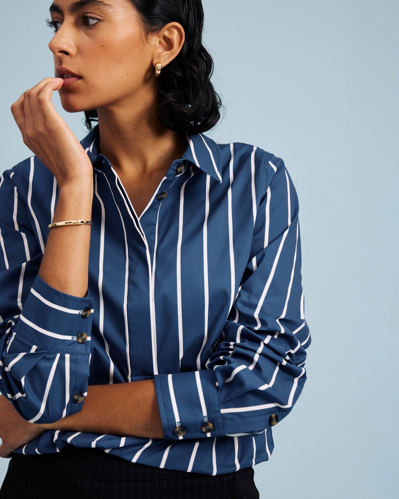 Universal Standard Elbe Popover Stretch Poplin Shirt Classic Fit - Ensign Blue/White Stri