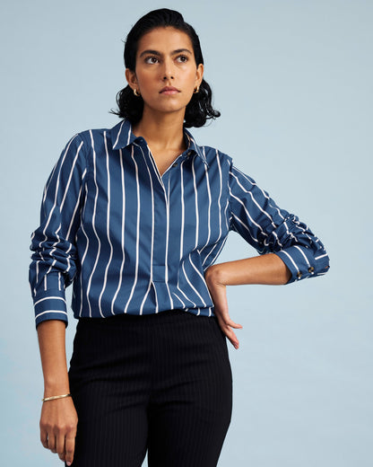 Universal Standard Elbe Popover Stretch Poplin Shirt Classic Fit - Ensign Blue/White Stri