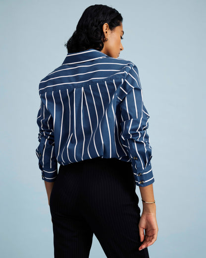 Universal Standard Elbe Popover Stretch Poplin Shirt Classic Fit - Ensign Blue/White Stri