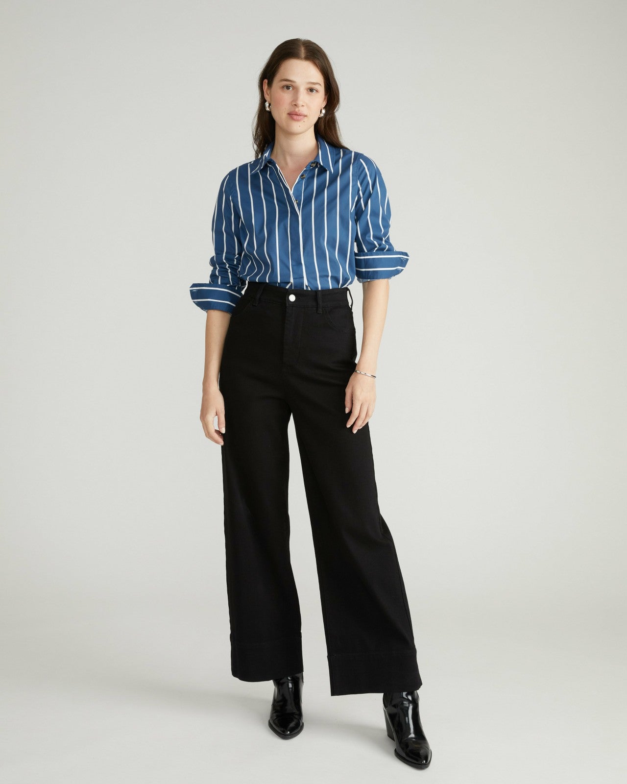 Universal Standard Elbe Popover Stretch Poplin Shirt Classic Fit - Ensign Blue/White Stri