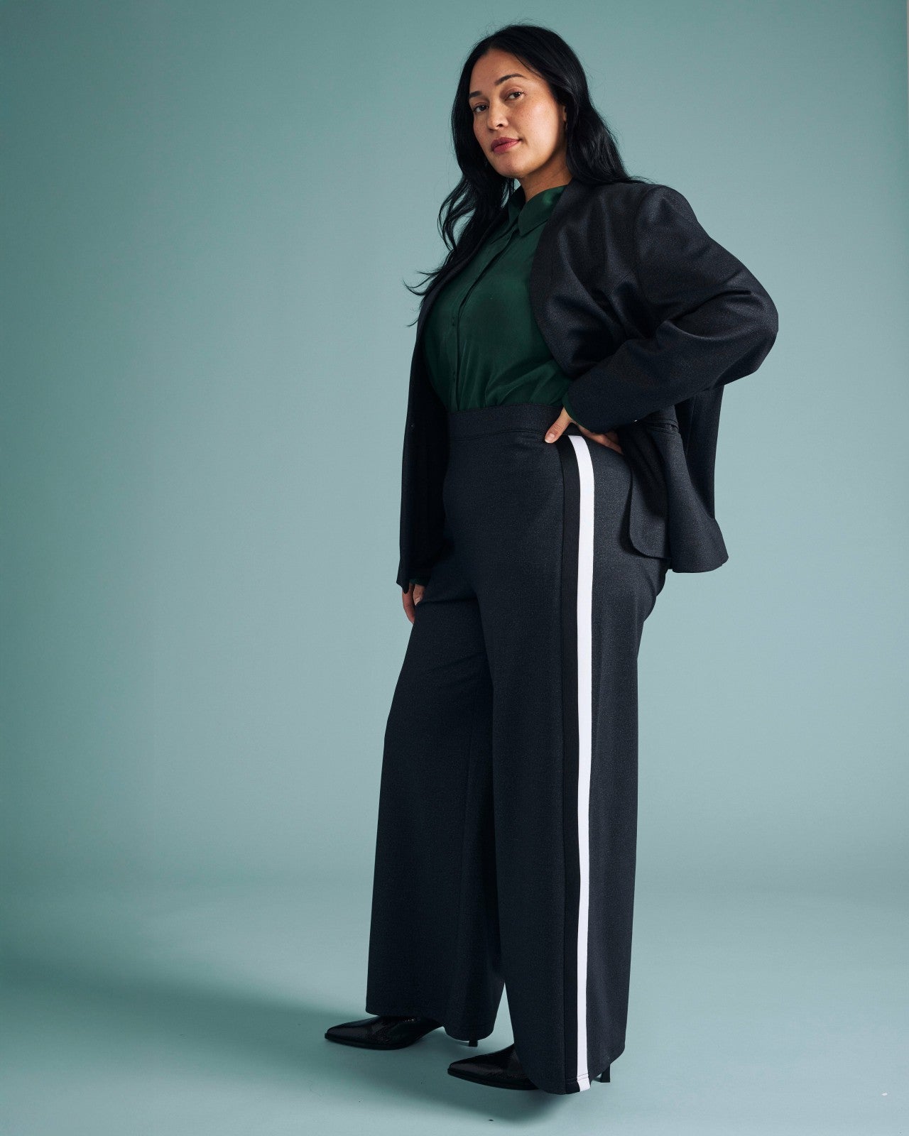 Universal Standard PowerPonte Denim Stephanie Pants - Charcoal with Black/White Stripe