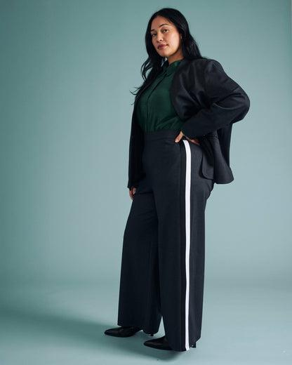 Universal Standard PowerPonte Denim Stephanie Pants - Charcoal with Black/White Stripe