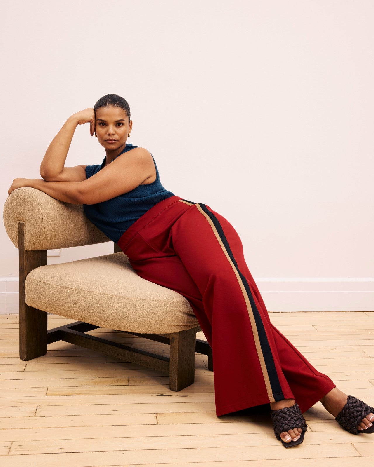 Universal Standard Stephanie Wide Leg Stripe Ponte Pants 30 Inch - Garnet with Camel/Blac