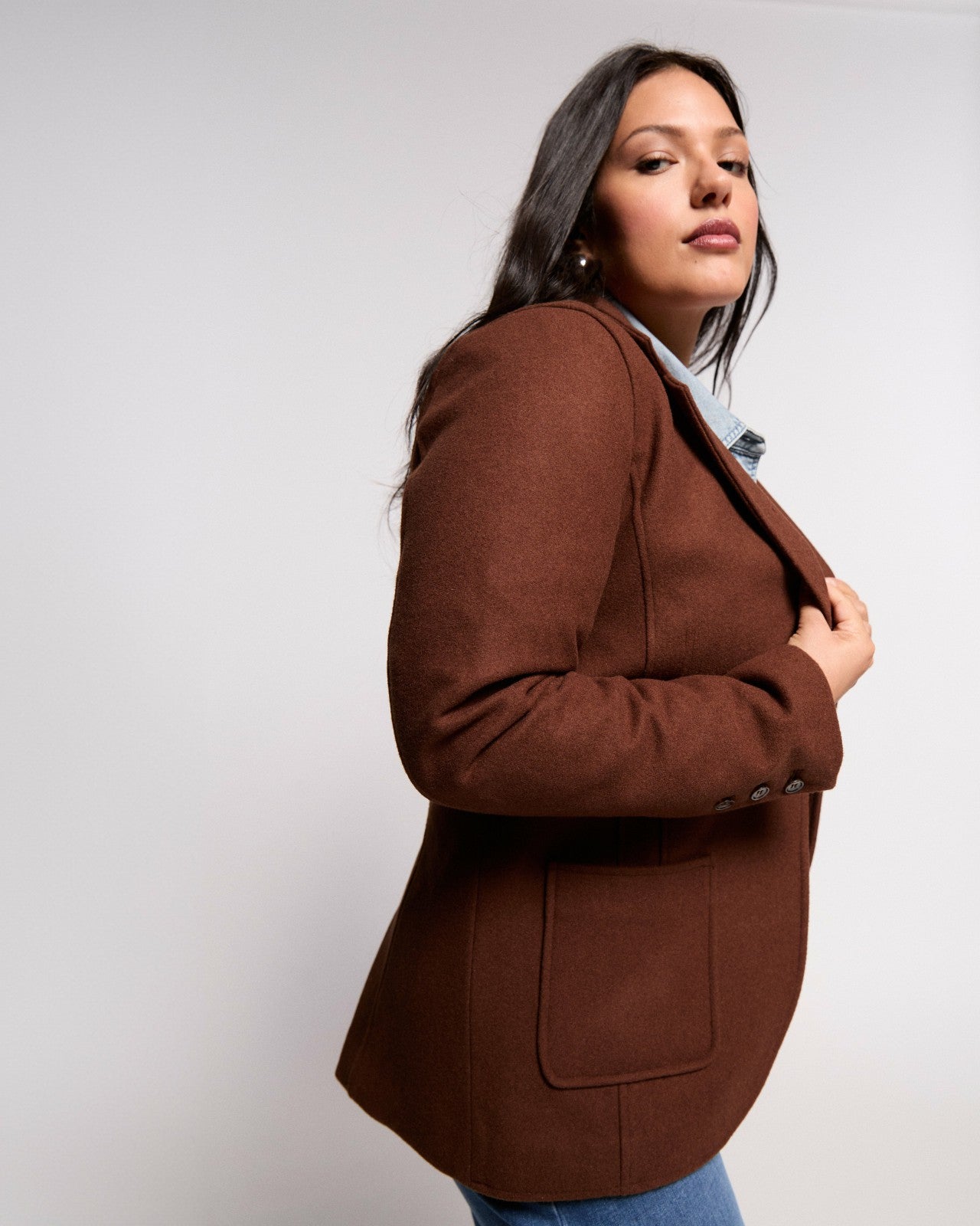 Universal Standard Kidjo Tailored Wool Jacket - Grizzly