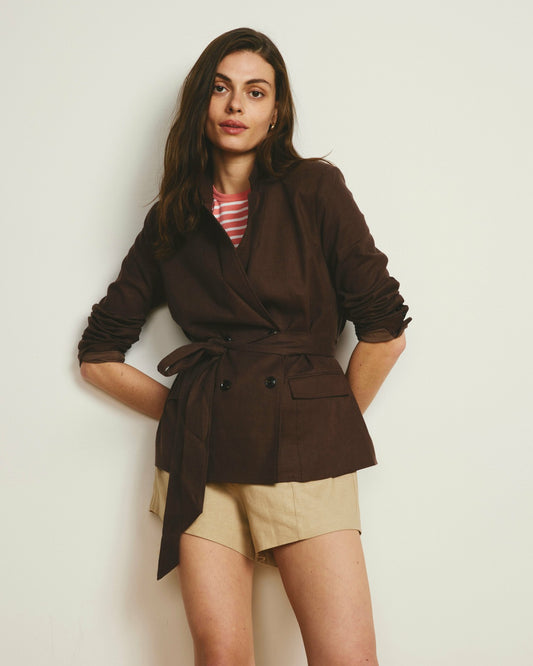 Universal Standard Belted Double Breasted Linen Blend Blazer - Sophisticated Brown